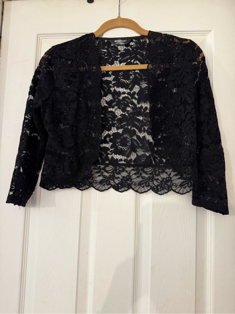 Allegra K Black Sheer Floral Lace Open Front Cropped Bolero Shrug Jacket Small